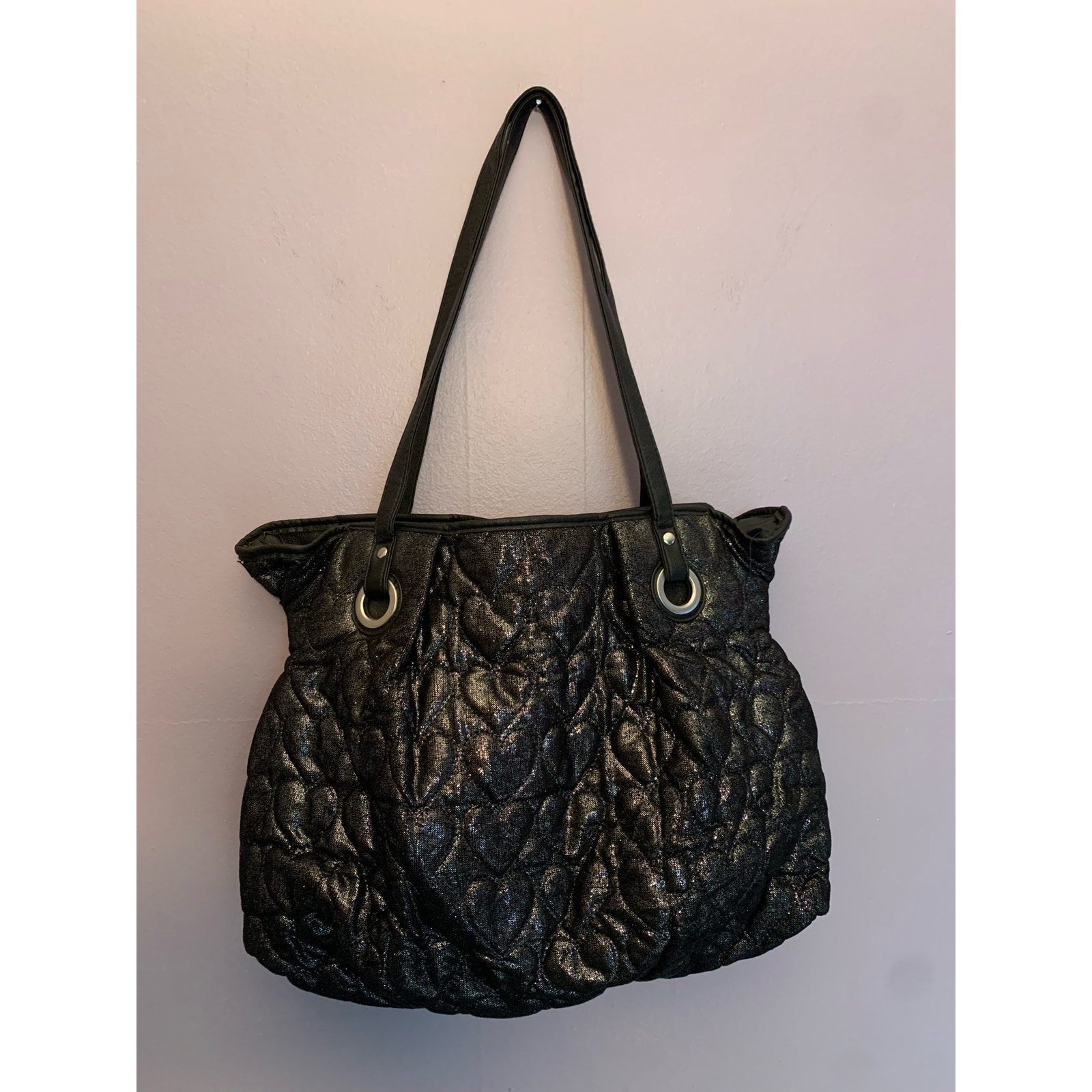Candie's Y2k Shimmery Iridescent Black Quilted Hearts Slouch Shoulder Bag Purse